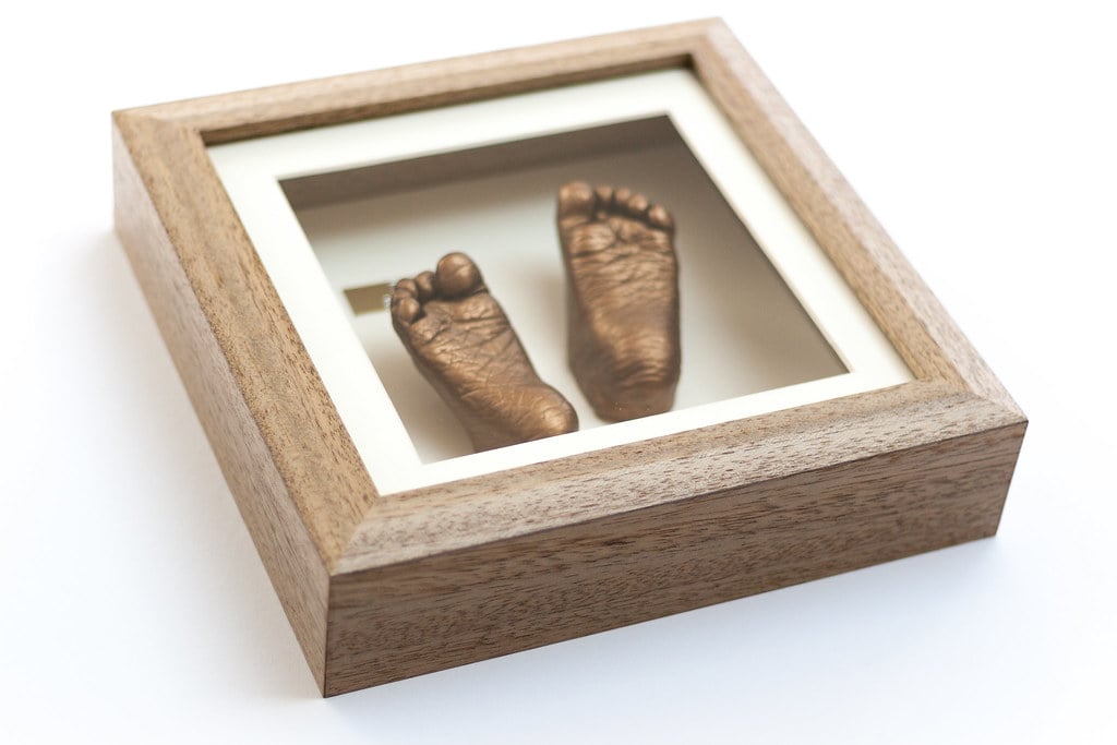 Gold baby hand casting in 8x8 frame with photo - professional 3D life casting