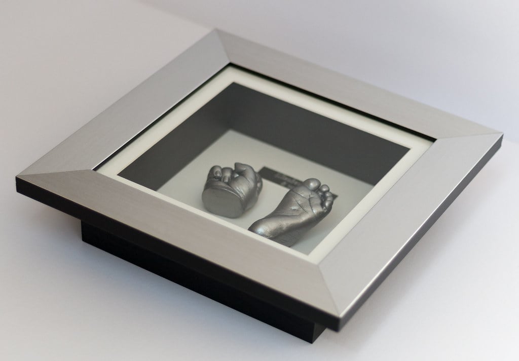 Silver baby feet casting in 8x8 frame with photo - Casting Impressions Woking