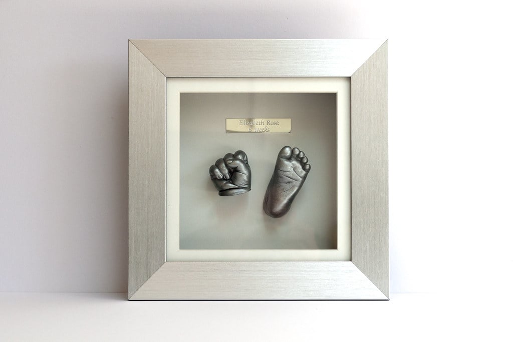 Gold baby hand and foot casting in large frame - professional casting Guildford