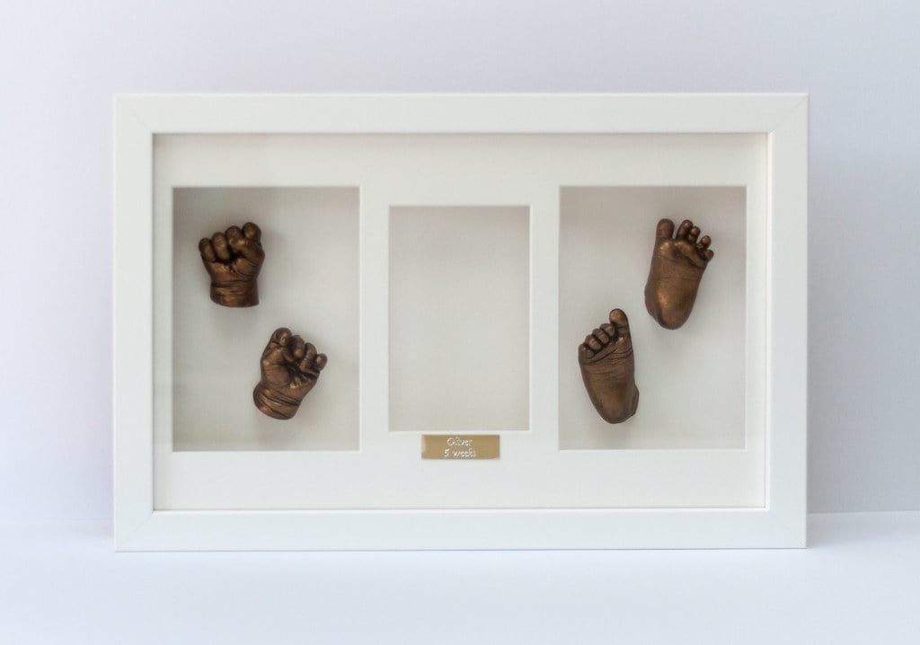 Silver baby foot casting with photo in elegant frame - Casting Impressions