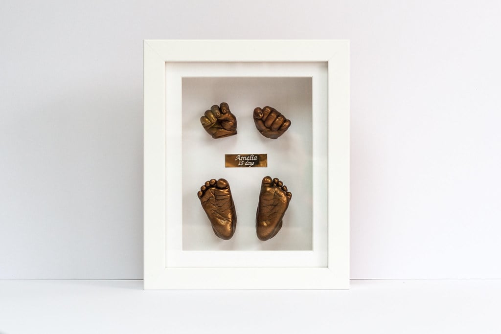 Gold baby foot casting in 8x8 frame with name plate - professional 3D casting