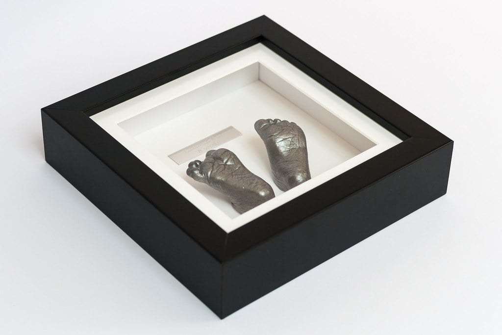Bronze baby hand and foot casting in large frame - baby casting keepsake