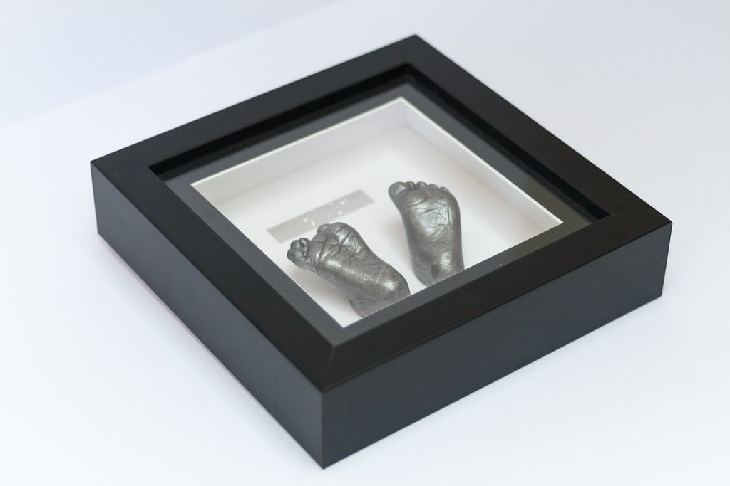 Gold baby hand casting in 8x8 frame with photo - professional 3D life casting