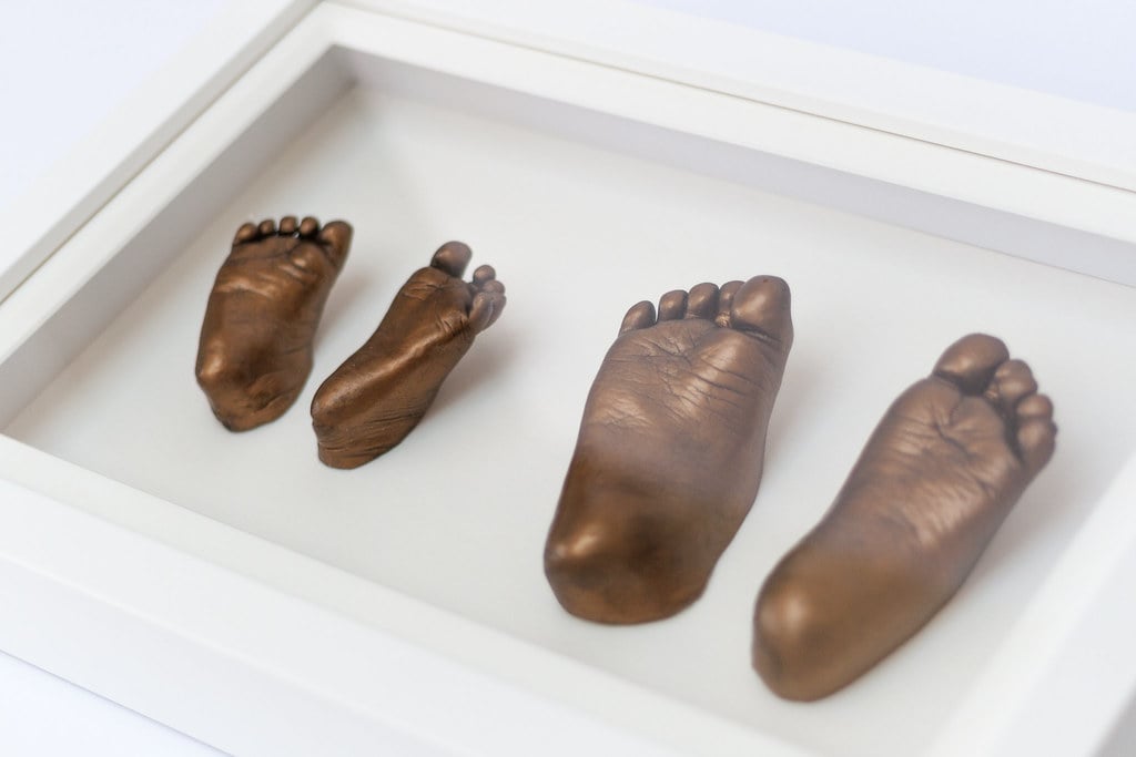 Bronze baby feet casting with name plate - professional 3D life casting