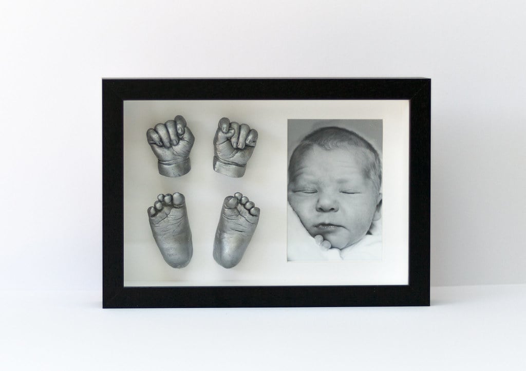 Bronze baby feet casting in frame with name plate - Casting Impressions Surrey