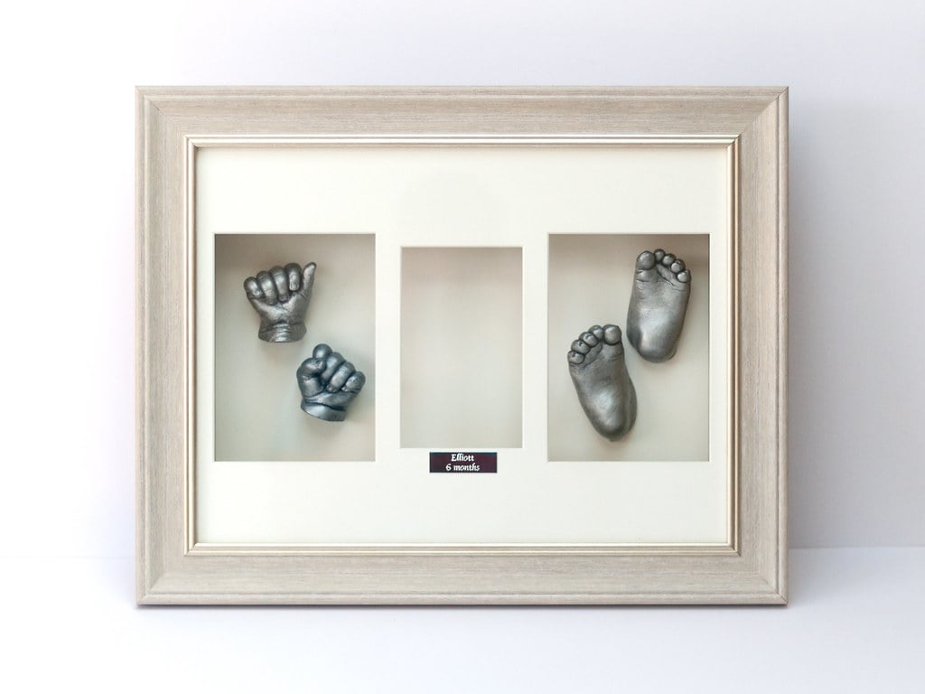 Silver baby feet casting with name plate and photo - life casting service