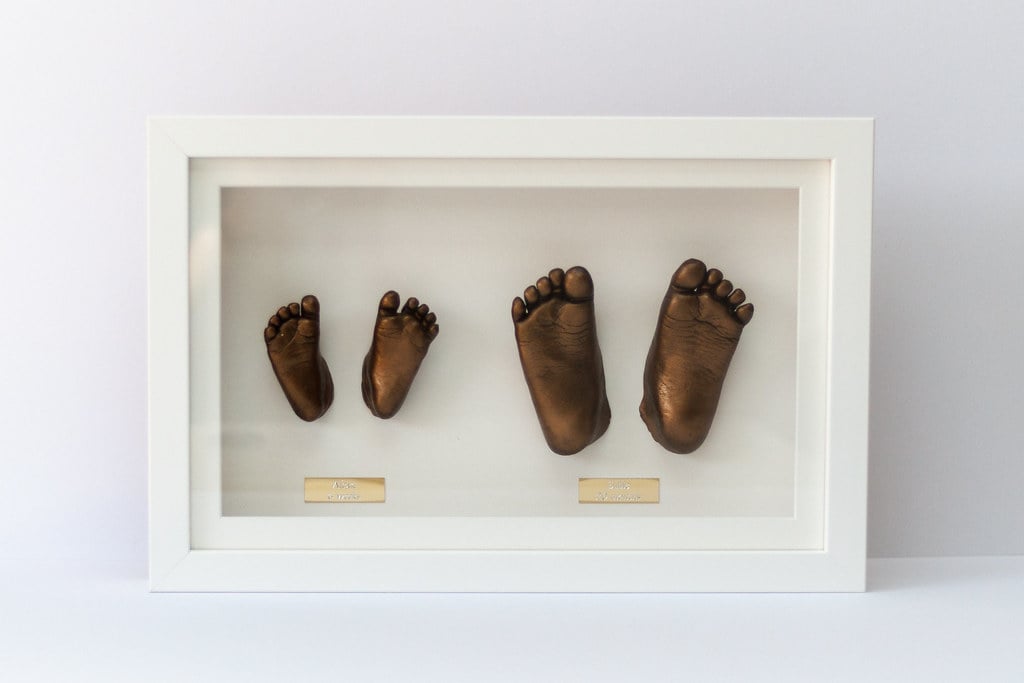 Silver baby feet casting with name plate - professional 3D casting in Surrey
