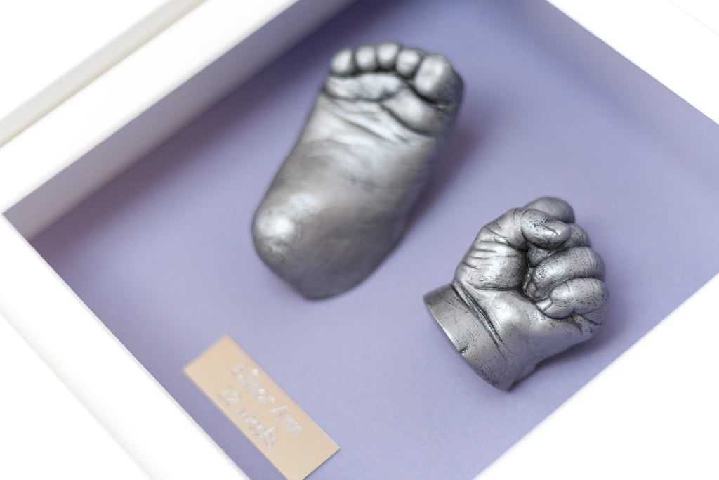 Gold baby feet casting in 8x8 frame with name plate - professional casting service